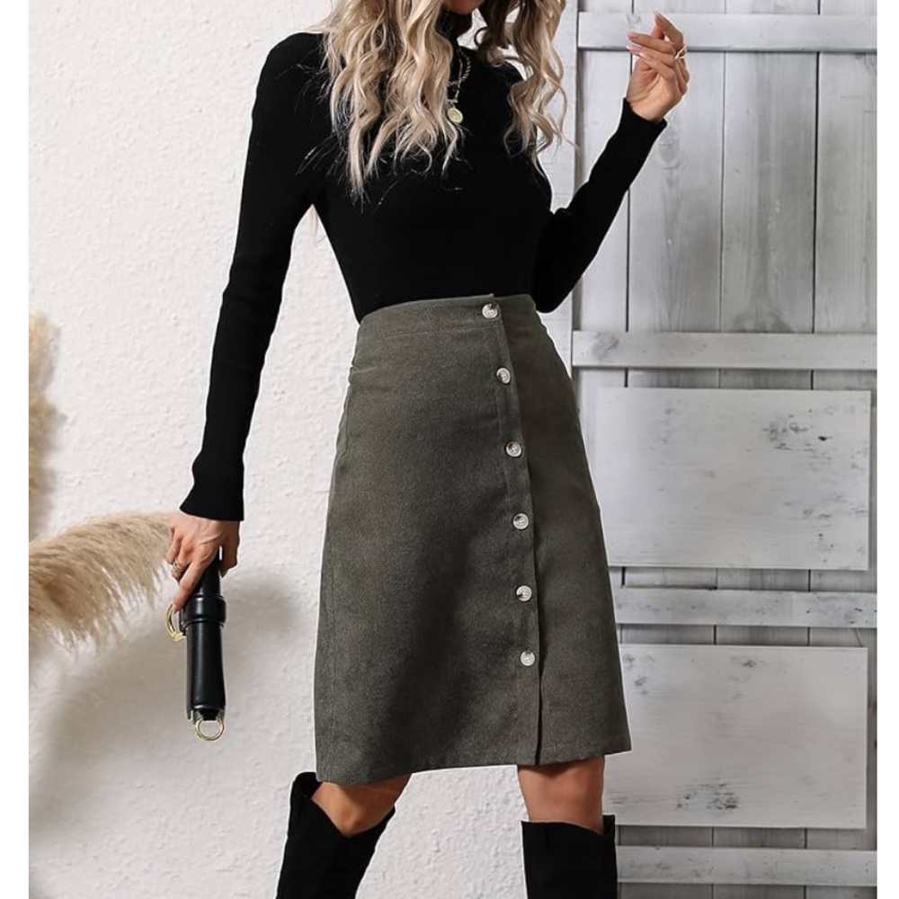 SHEIN tight skirt Button Front Corduroy Skirt (Color : Army Green, Size S